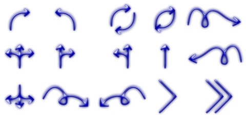 A collection of various blue arrow icons and symbols on a white background, including curved, circular, multi-directional, swirly, and chevron shapes.