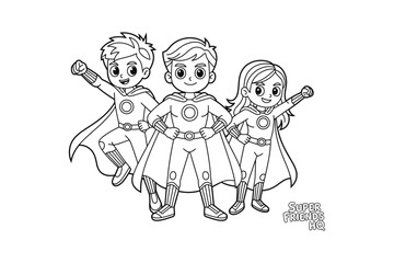 Naklejka premium Three Superhero Kids Standing Together in Black and White Illustration