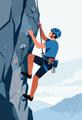 Naklejka premium Determined climber ascends steep rock face, securing grip, sky above