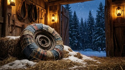 Patchwork tire in a cozy winter barn.