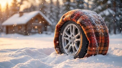 Wheel in scarf against winter house background.