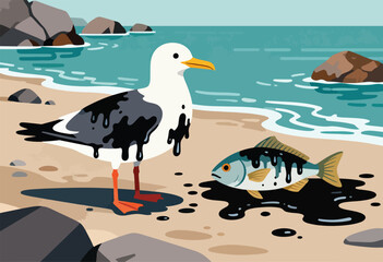 Obraz premium Oil spill contaminates a beach, affecting a seagull and fish