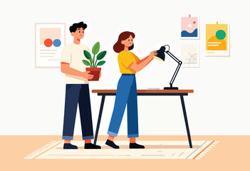 Fototapeta premium Two people arranging a desk with a lamp and plant, with artwork on the wall