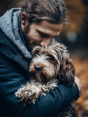 Man Comforting His Dog in Autumn Park