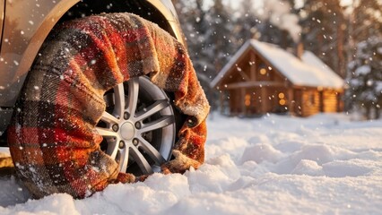 Car wheel wrapped in warm plaid blanket