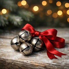 Silver Jingle Bells with Red Ribbon on Rustic Wood and Holiday Bokeh