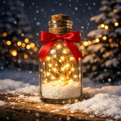 Glass Jar Lantern with Fairy Lights and Red Bow in Falling Snow