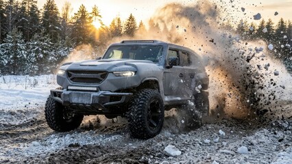 Extreme SUV driving through snow and ice.