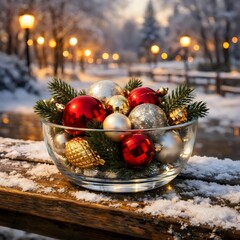 Glass Bowl of Christmas Baubles with Evergreen on Snowy Street