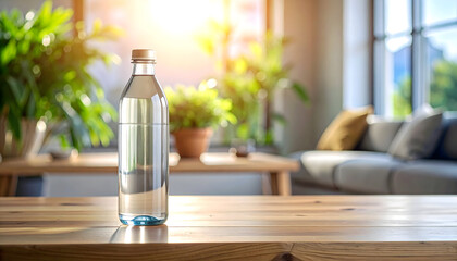 Refreshing Glass Bottle of Water on Wooden Table.