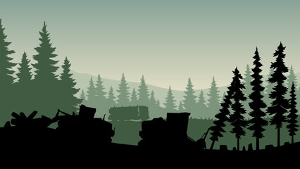 Deforestation silhouette landscape illustration with illegal logging