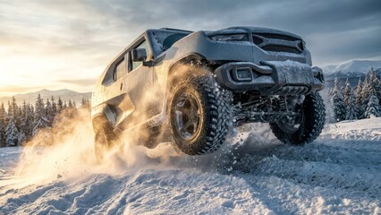 Powerful SUV speeding through deep winter snow