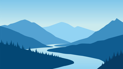 River landscape illustration with mountain range and ridges