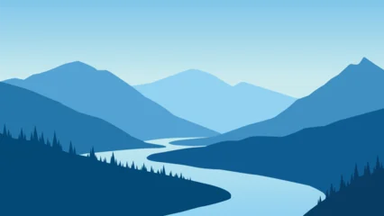 Fototapete Blau River landscape illustration with mountain range and ridges  © Moleng24