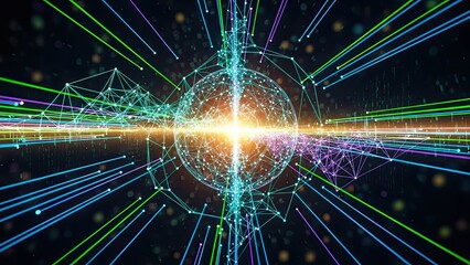 Vibrant network visualization with glowing connections and lines radiating from a central point