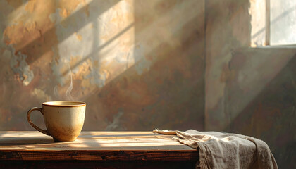 Warm Morning Light Illuminating a Coffee Cup on a Wooden Table.