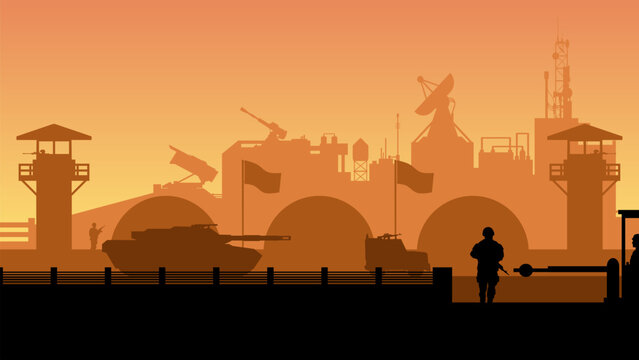 Military base landscape illustration with headquarter and armament