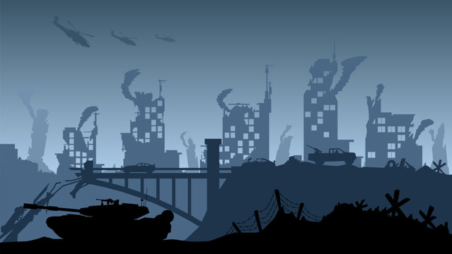 Apocalypse landscape illustration with  destroyed city and warfare