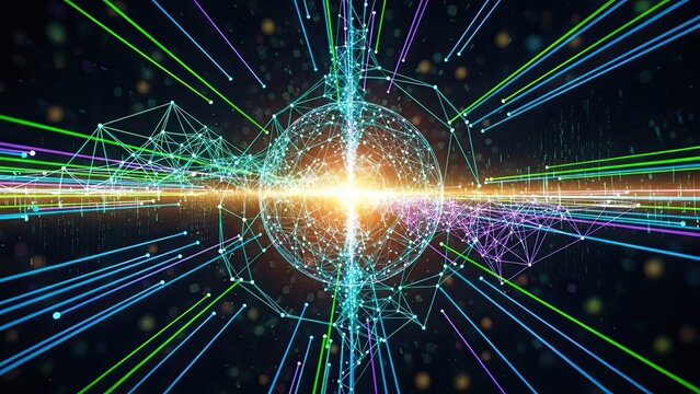 Vibrant network visualization with glowing connections and lines radiating from a central point - Powered by Adobe