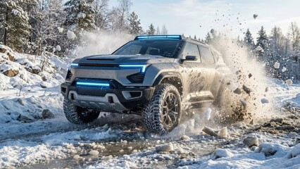 Powerful SUV speeding through deep winter snow