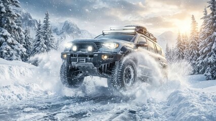 Powerful SUV speeding through deep winter snow