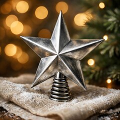 Silver Christmas Tree Top Star with Warm Holiday Bokeh