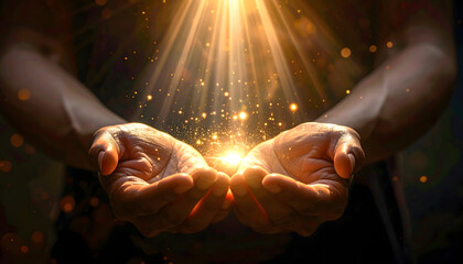 Hands Holding Light with Sparkles in Dark Background.