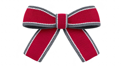 Red ribbon bow with gray and white trim, decorative accessory for gift wrapping, festive events, or fashion embellishment, elegant and cheerful style for celebration