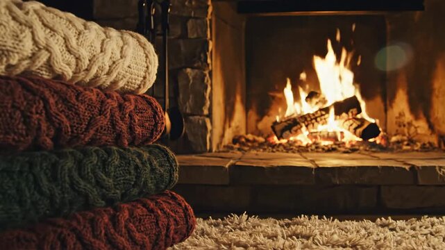 A cozy scene with stacked knitted blankets near a glowing fireplace.