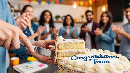 Team celebration with cake and cheerful employees clapping indoors  