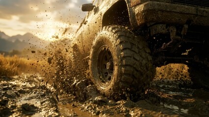 Powerful SUV splashing through deep mud.