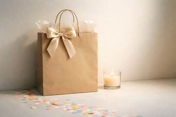 Minimal Gift Bag with Satin Bow and Candle on Neutral Background