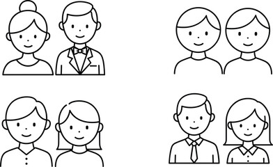 People Avatar Couple Family Icon Set Black Outline User Profile Vector