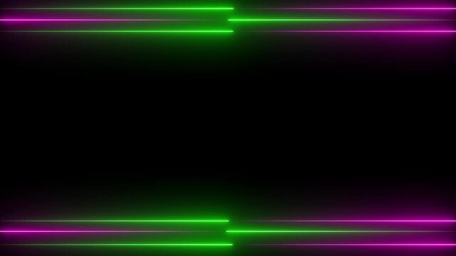 Abstract glowing green and pink color neon lights blinking lines moving animation. Seamless loop animation of glowing neon lines streaming across on black background
