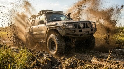 Off-road vehicle jumping through mud splash.