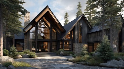 A contemporary mountain chalet exterior with steep pitched roofs dark timber cladding and expansive triangular windows Surrounded by