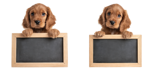 Adorable Puppy Pair with Blank Chalkboards for Creative Messages, Perfect for Fun Digital Signage and Personalized Content Creation, png, isolated on transparent background