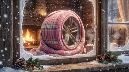 Winter tire warming up in house.