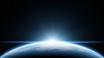 Celestial dawn light over planet surface with stars cosmic vision and horizon