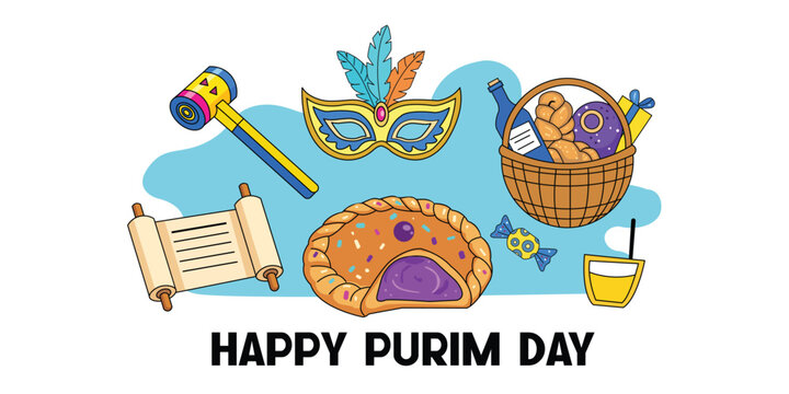 Purim Celebration Icon Set with Hamantaschen Mask Scroll and Gift Basket