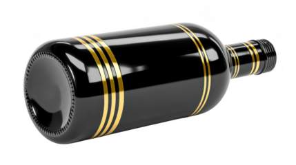 Black glass bottle gold stripe isolated horizontal reflective elegant luxury empty mockup packaging. black glass bottle with gold stripes is lying horizontally isolated transparency background