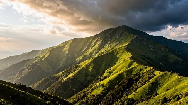 Mountain landscape with green slopes and clouds