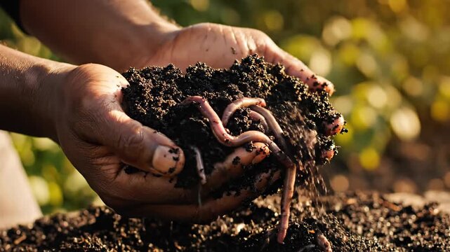 Hands hold rich soil and worms, symbolizing composting and nature's cycle.