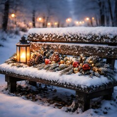 Snowy Park Bench with Lantern and Holiday Garland at Dusk