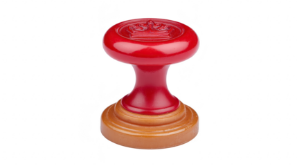 Red wooden stamp with crown symbol, isolated on transparency background, used for official documents, authority, or certification, symbolizing approval and tradition