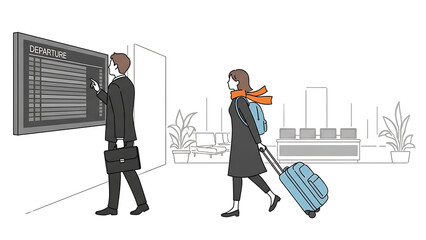 Travelers at an airport checking the departure board and walking with luggage