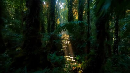 Lush rainforest jungle with sunlight sunbeam through dense green foliage fern moss covered tree and tropical nature landscape mysterious serene peaceful wild environment fantasy woodland - Powered by Adobe