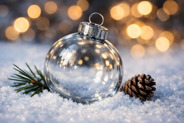 Silver Christmas Bauble on Snow with Warm Golden Bokeh