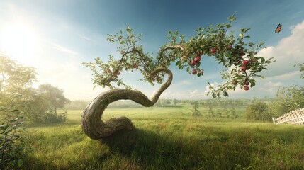 Twisted apple tree in sunny green meadow.