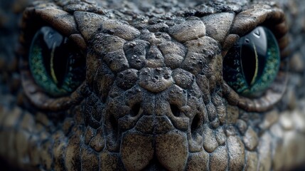 Macro portrait of reptile with green eyes.